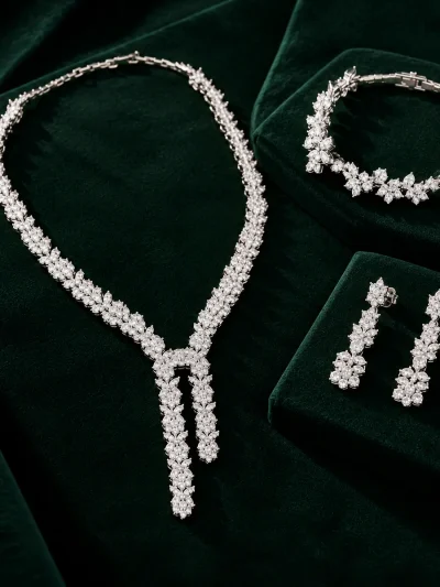 Women's silver jewelry set with white stones – waterfall style