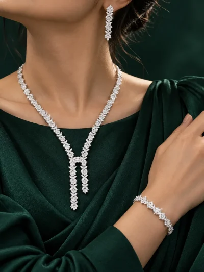 Women's silver jewelry set with white stones – waterfall style